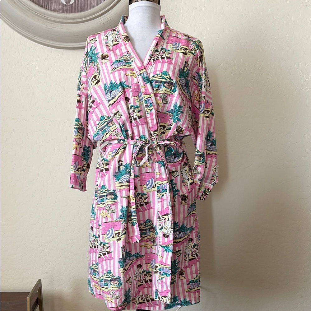 80s striped novelty print Vintage SUSAN DUNN women’s Pink Patterned house dress - Picture 1 of 10